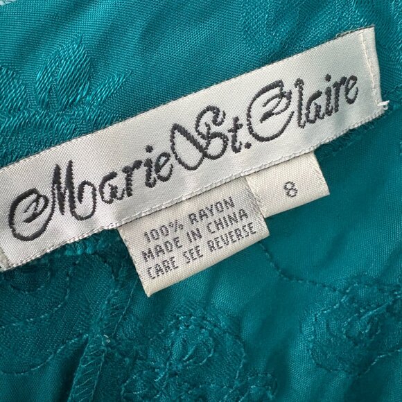 Vtg Marie St. Claire 1980s teal rayon beaded drop-waist tonal floral dress sz 8 - Picture 4 of 6